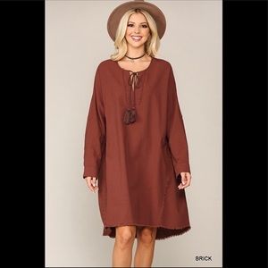Solid frayed hem Hi low sleeve tab dress